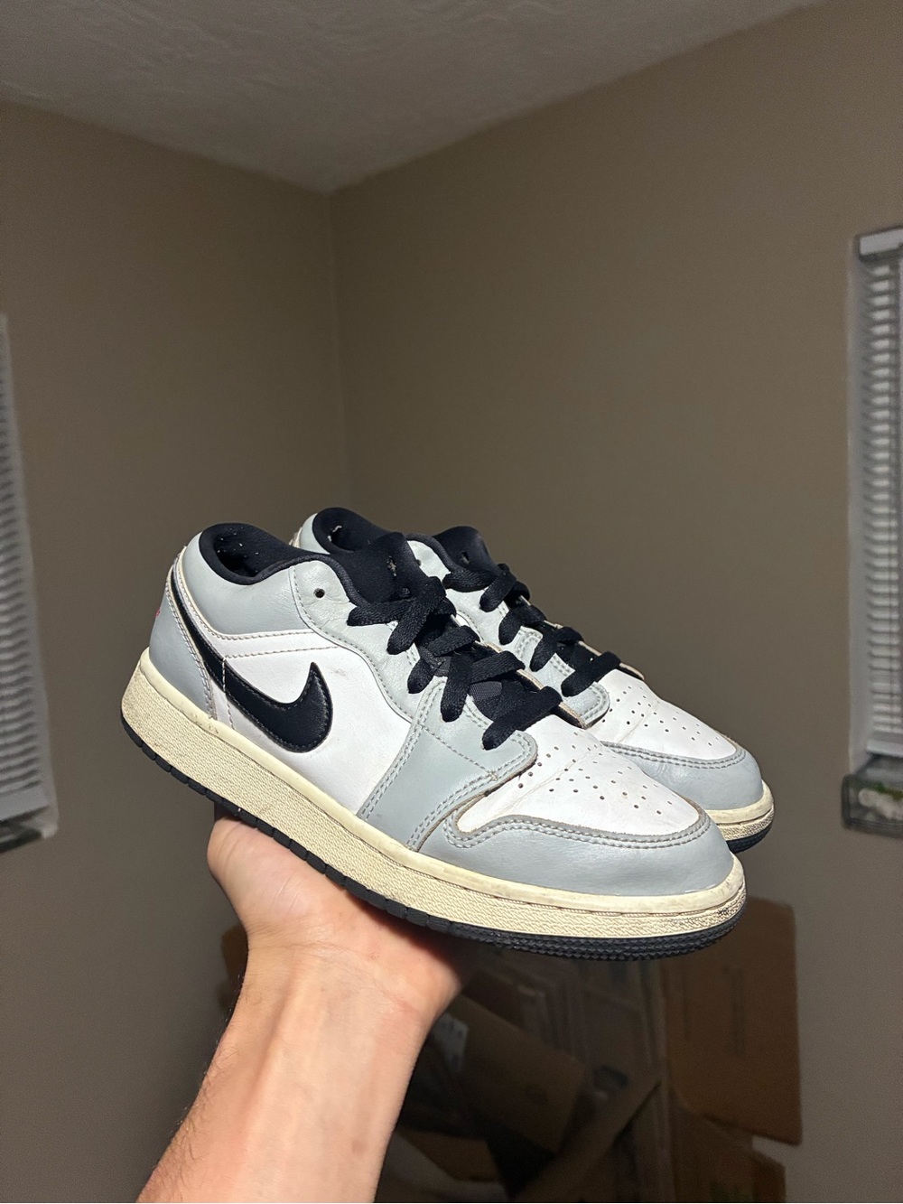 Jordan 1 Low-Top Leather Sneakers in White and Gray with Black Accents size 5.5y